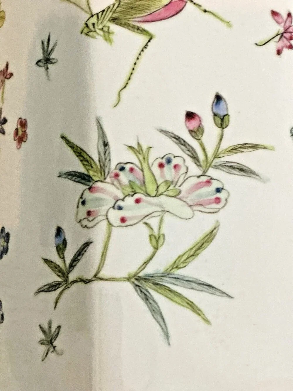Chinoiserie Hexagon Vase Vintage Hong Kong Lotus Insect Floral Porcelain 12